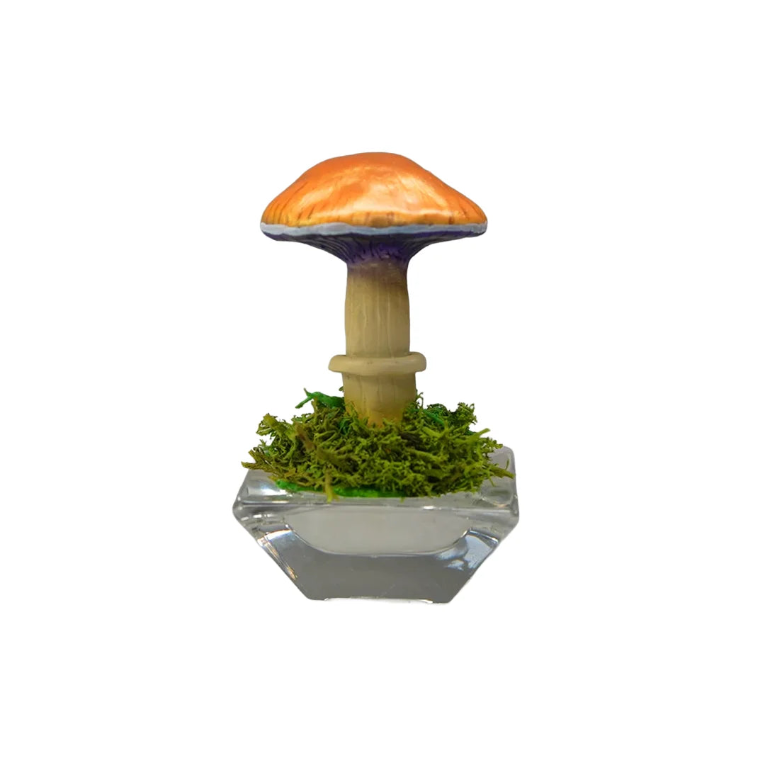 SPY26S1 • Handmade Magic Mushroom Decor on Flared Square Thrifted Glass Base (1 of 2)