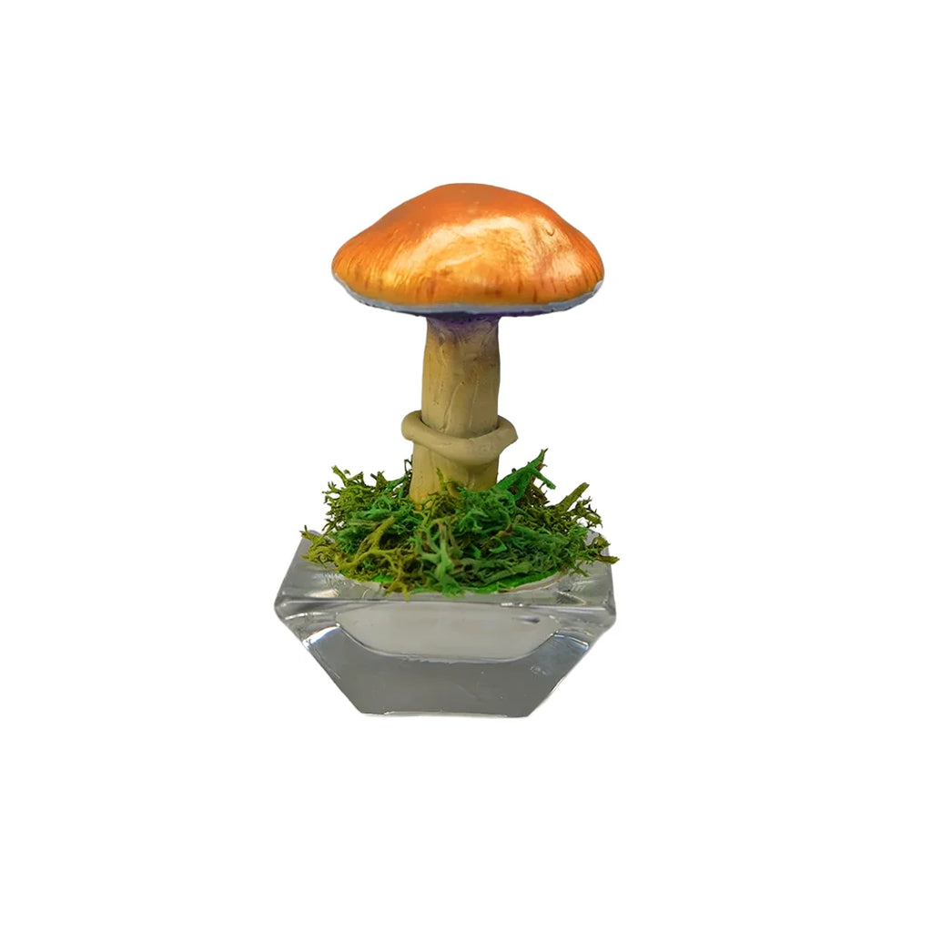 SPY26S1 • Handmade Magic Mushroom Decor on Flared Square Thrifted Glass Base (1 of 2)