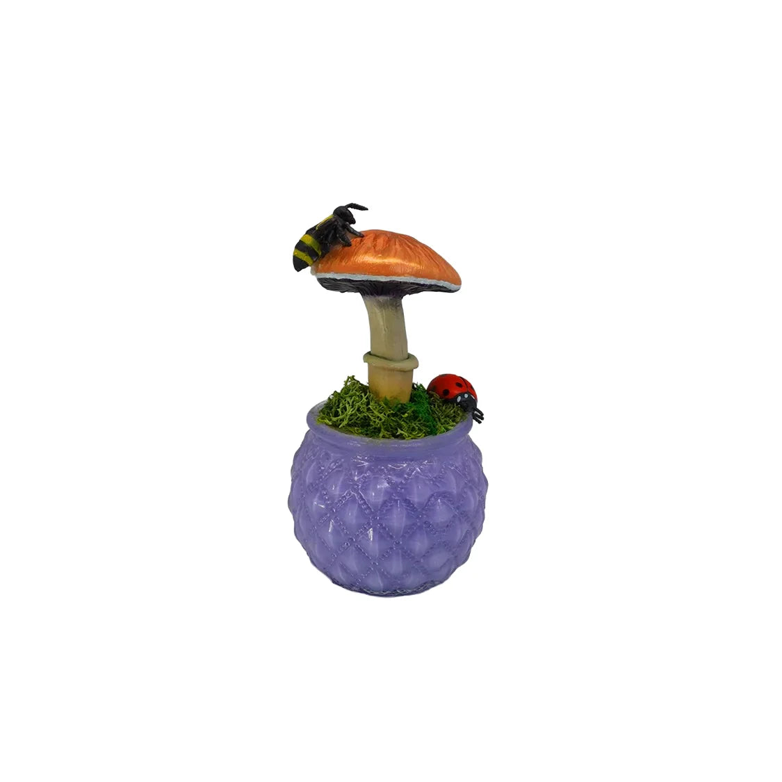 SPY26M6E • Handmade Magic Mushroom Decor on Thrifted Purple Glass Base with Bee and Ladybug Embellishments
