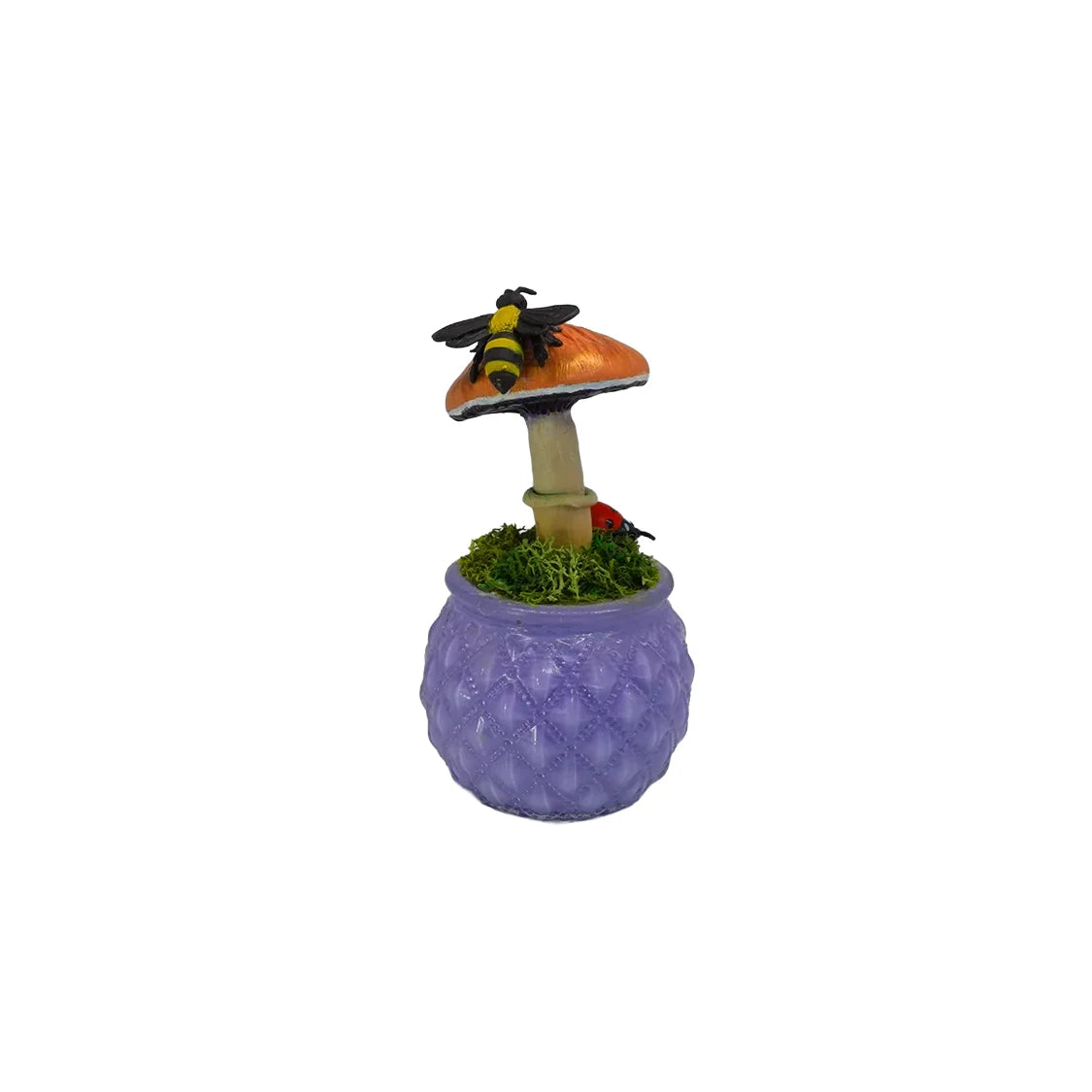 SPY26M6E • Handmade Magic Mushroom Decor on Thrifted Purple Glass Base with Bee and Ladybug Embellishments