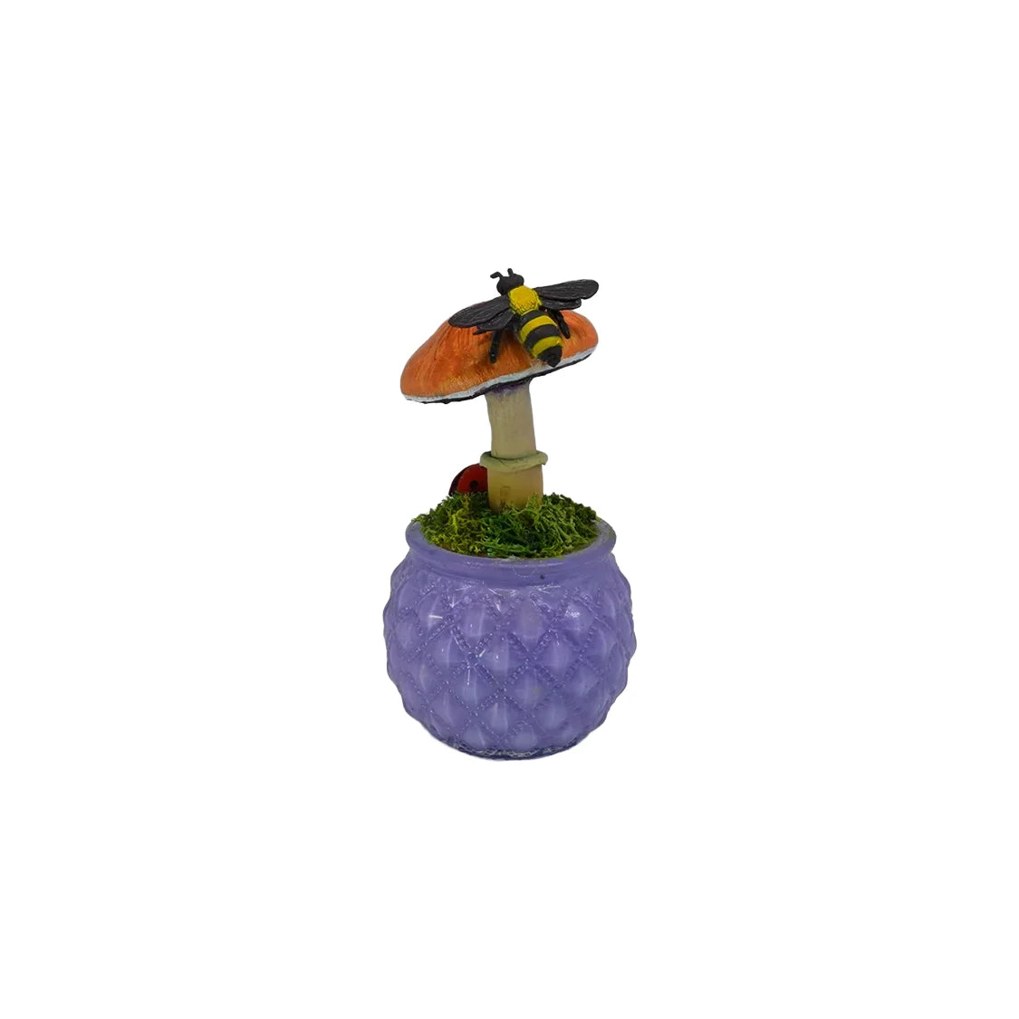 SPY26M6E • Handmade Magic Mushroom Decor on Thrifted Purple Glass Base with Bee and Ladybug Embellishments