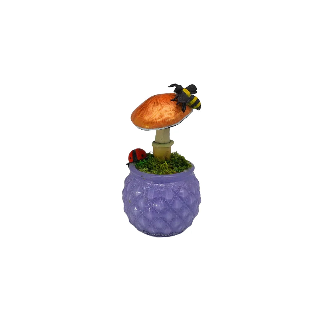 SPY26M6E • Handmade Magic Mushroom Decor on Thrifted Purple Glass Base with Bee and Ladybug Embellishments