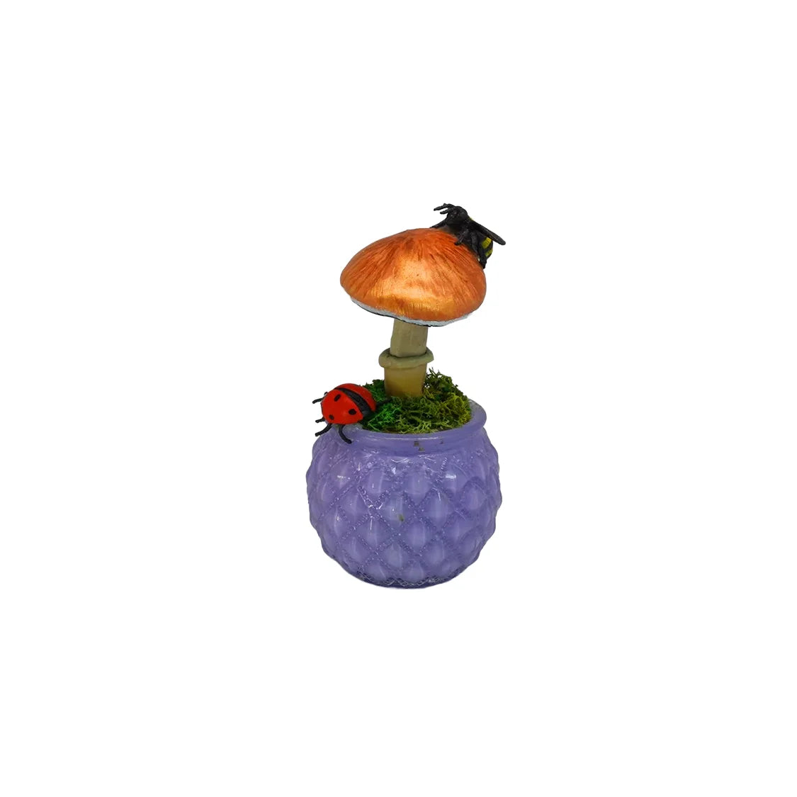 SPY26M6E • Handmade Magic Mushroom Decor on Thrifted Purple Glass Base with Bee and Ladybug Embellishments