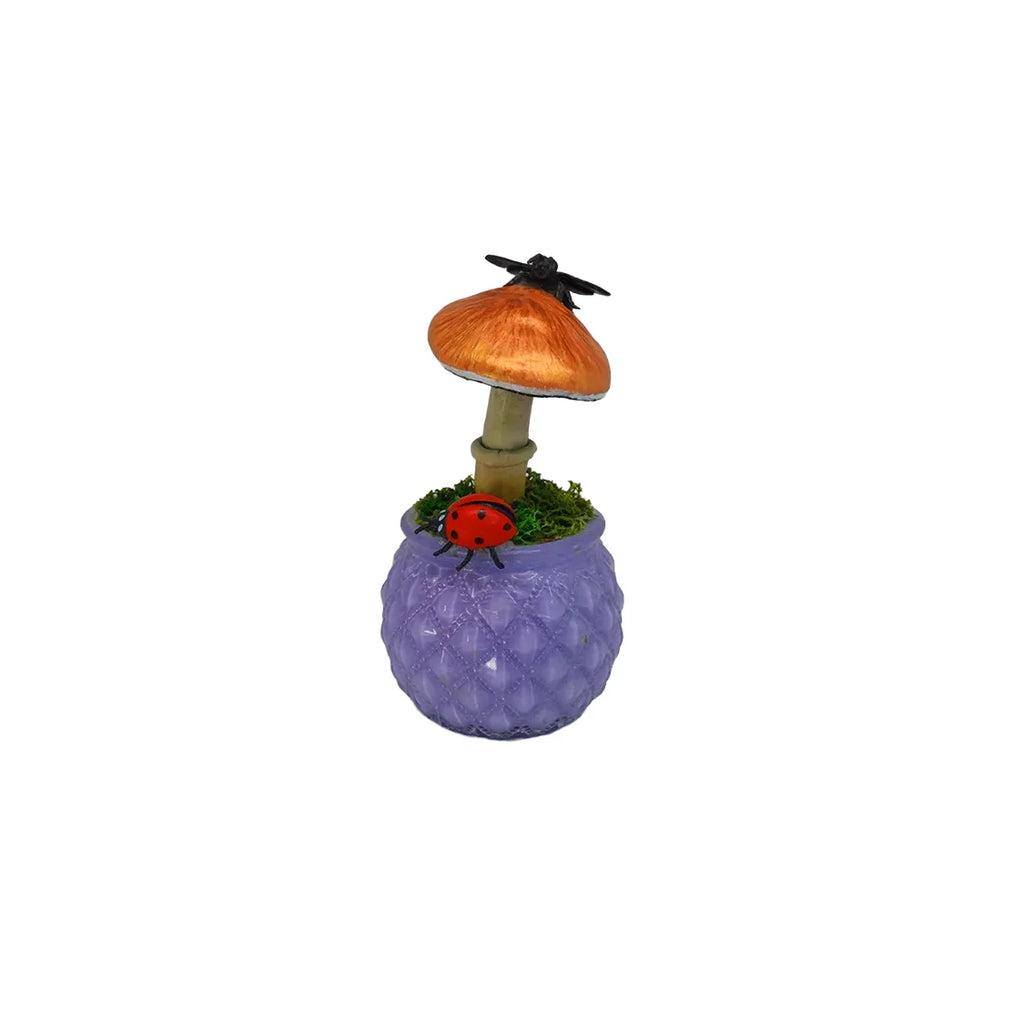 SPY26M6E • Handmade Magic Mushroom Decor on Thrifted Purple Glass Base with Bee and Ladybug Embellishments