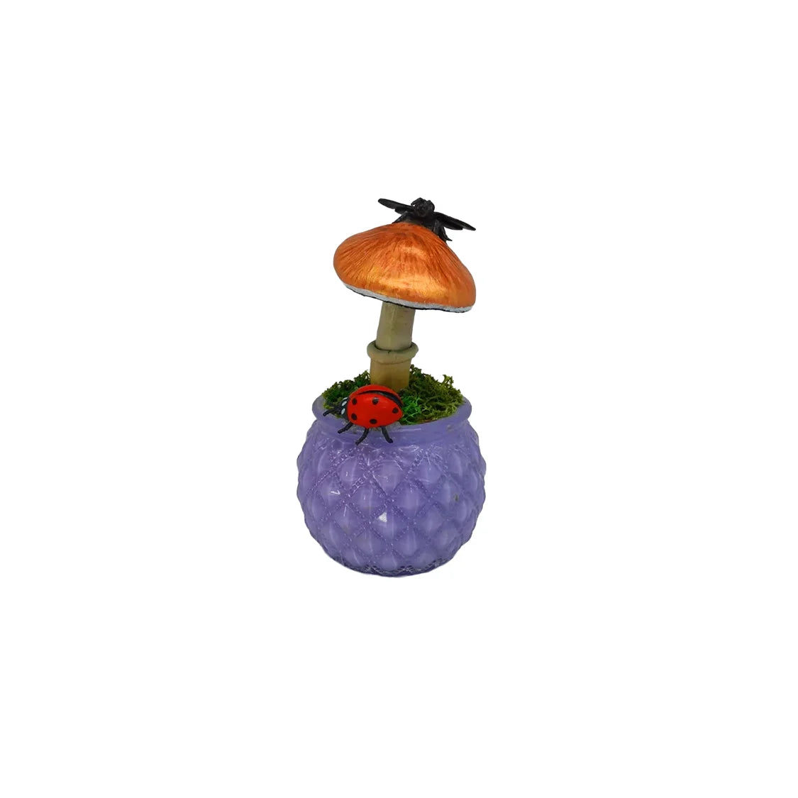 SPY26M6E • Handmade Magic Mushroom Decor on Thrifted Purple Glass Base with Bee and Ladybug Embellishments