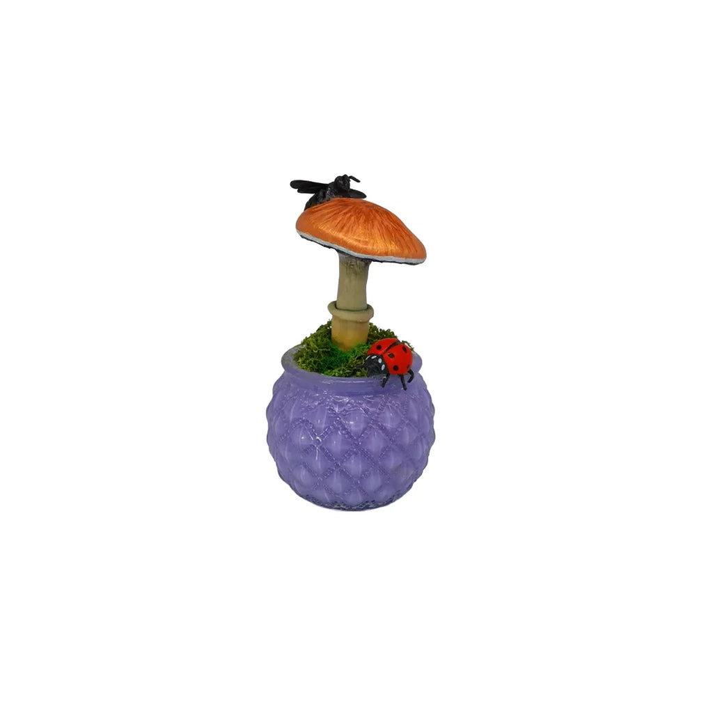 SPY26M6E • Handmade Magic Mushroom Decor on Thrifted Purple Glass Base with Bee and Ladybug Embellishments