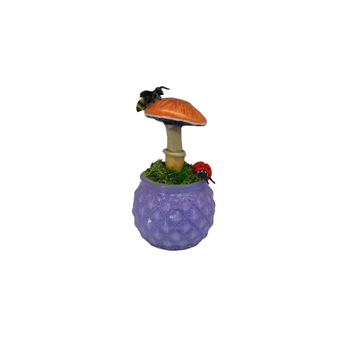 SPY26M6E • Handmade Magic Mushroom Decor on Thrifted Purple Glass Base with Bee and Ladybug Embellishments