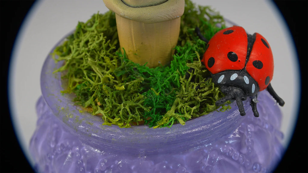 SPY26M6E • Handmade Magic Mushroom Decor on Thrifted Purple Glass Base with Bee and Ladybug Embellishments