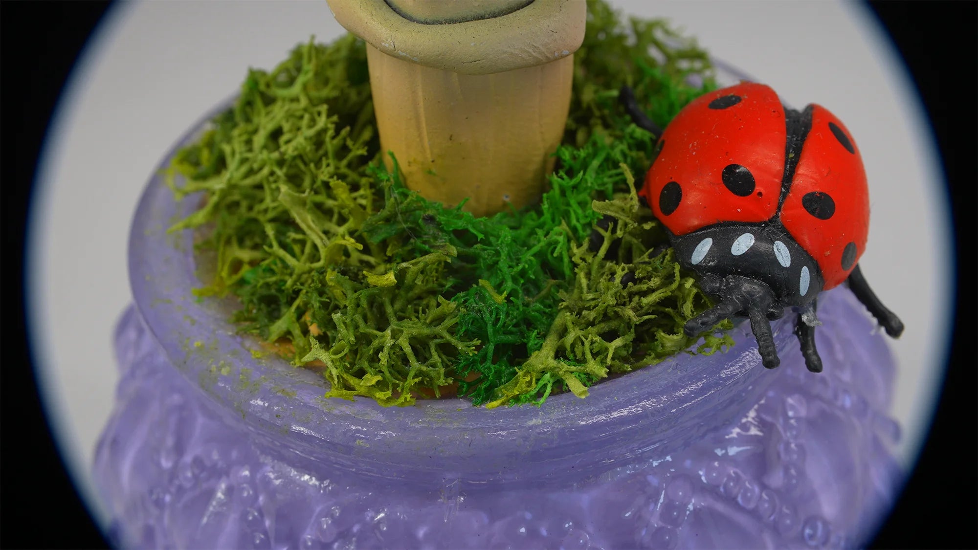 SPY26M6E • Handmade Magic Mushroom Decor on Thrifted Purple Glass Base with Bee and Ladybug Embellishments