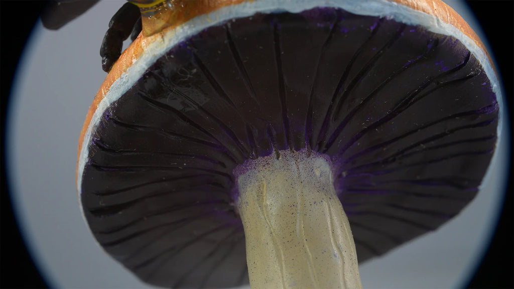 SPY26M6E • Handmade Magic Mushroom Decor on Thrifted Purple Glass Base with Bee and Ladybug Embellishments